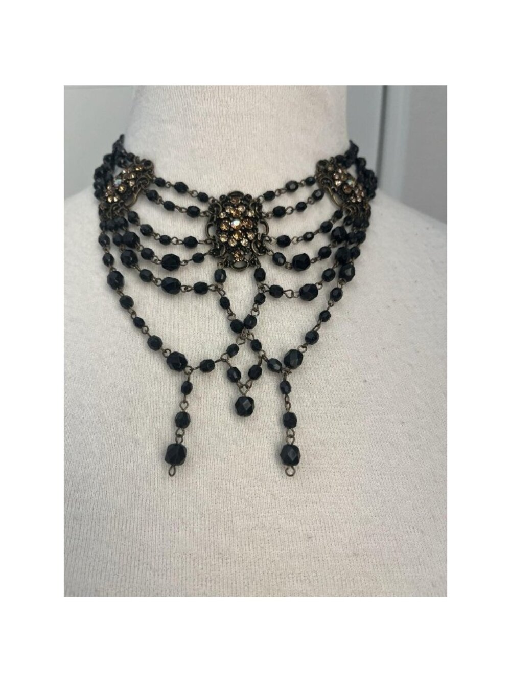 Victorian Style Black Beaded Festoon Choker Goth Whimsigoth Necklace 13"-17" VTG